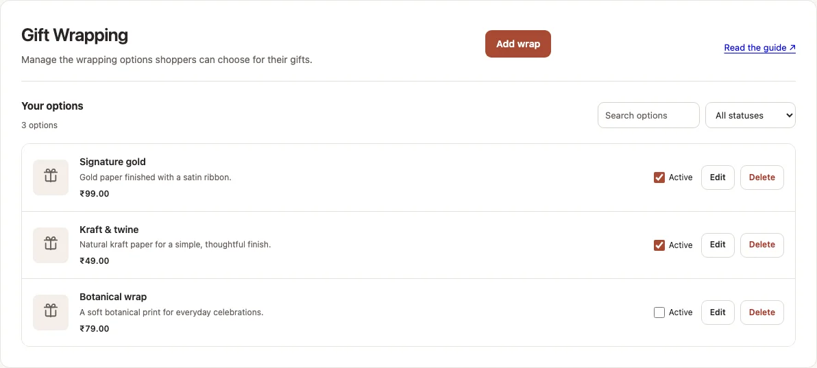 Gift wrapping catalog with sample options