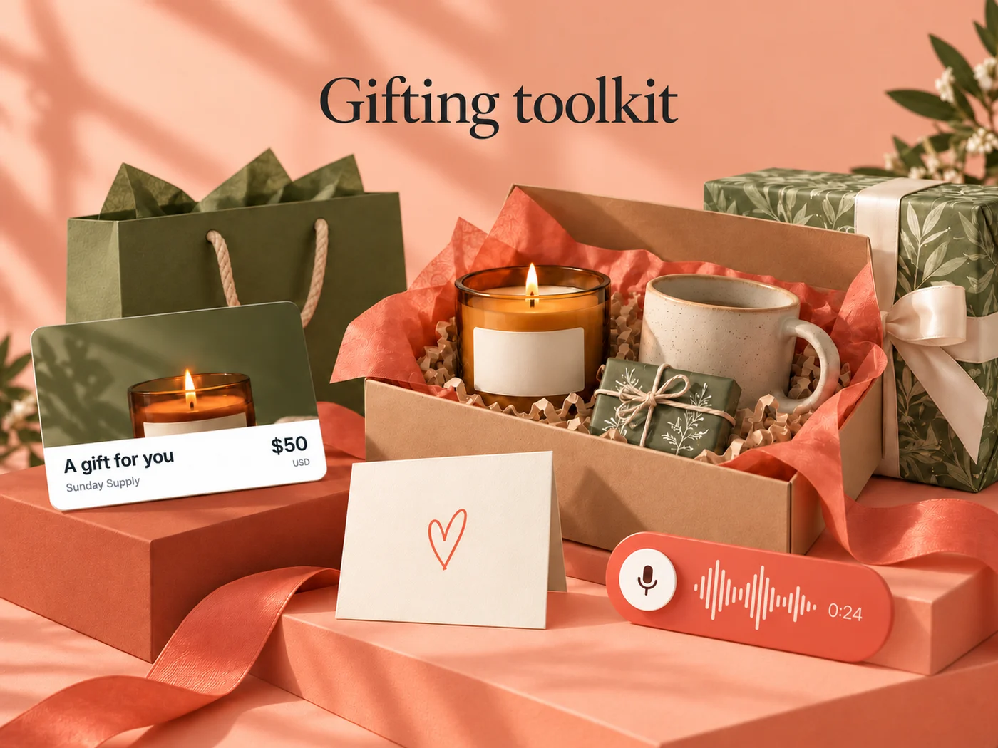 Illustration of a candle, mug and chocolate gift set with botanical wrapping, a gift bag, a greeting card and a branded digital gift card.