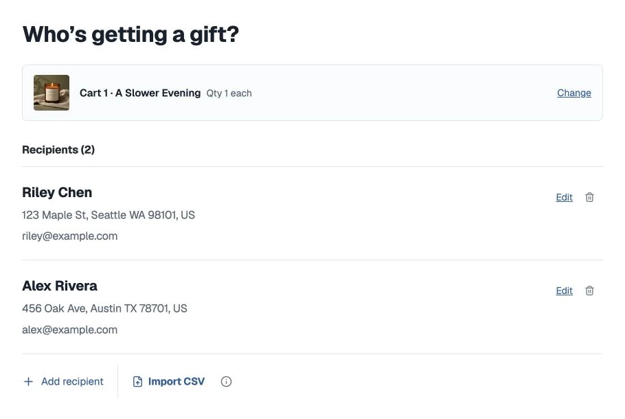 Multi-recipient screen with two fictional recipients, a sample gift and a CSV import option.