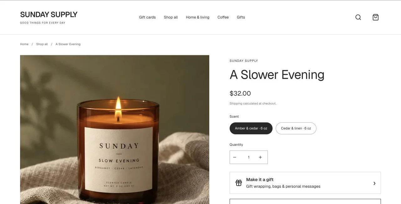 A sample candle product page with the Make it a gift entry point beside its product details