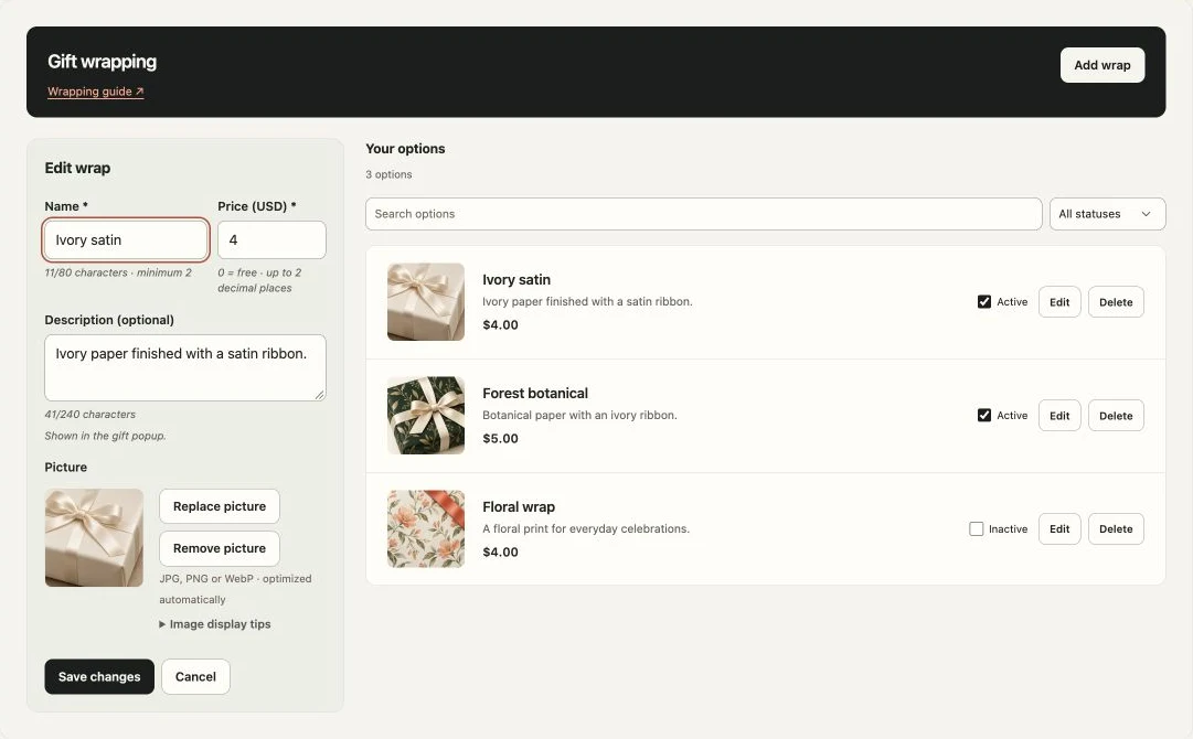 Gift wrapping editor with sample imagery and local options