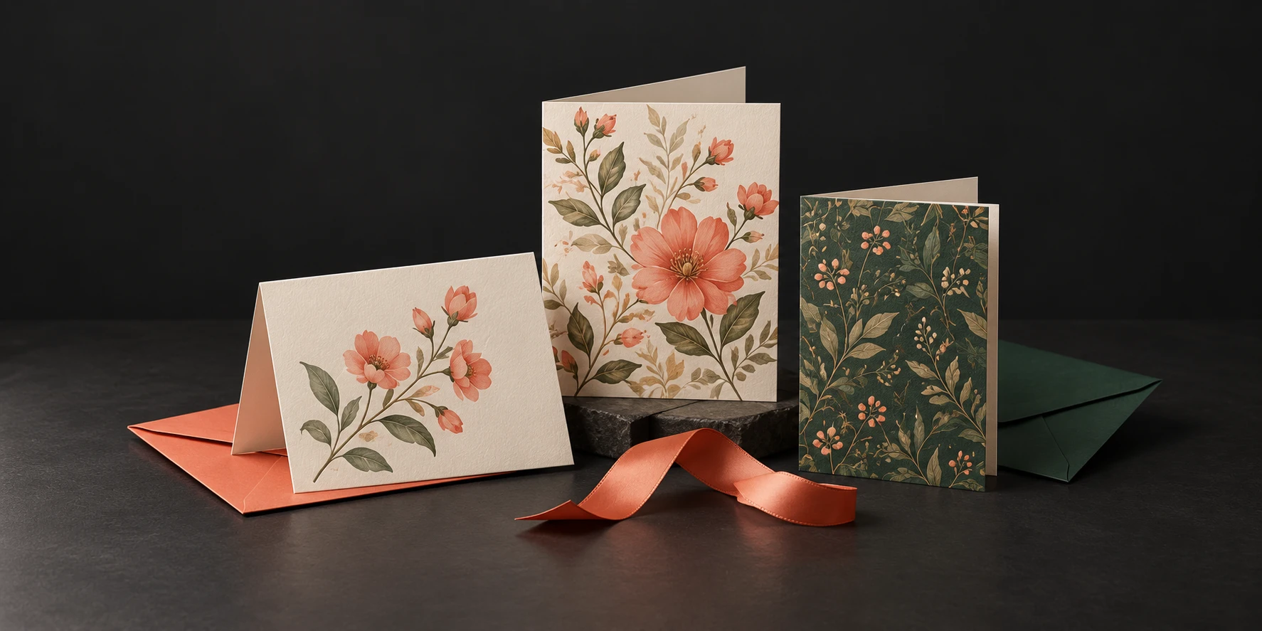 A collection of botanical physical greeting cards with ivory envelopes