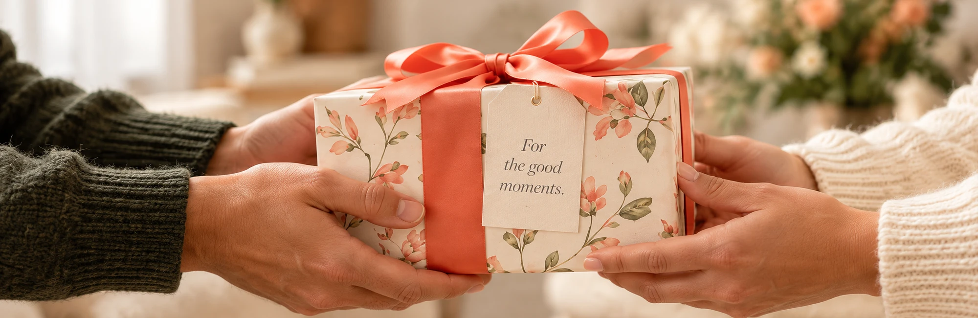 Two people passing an ivory botanical gift wrapped with a coral ribbon