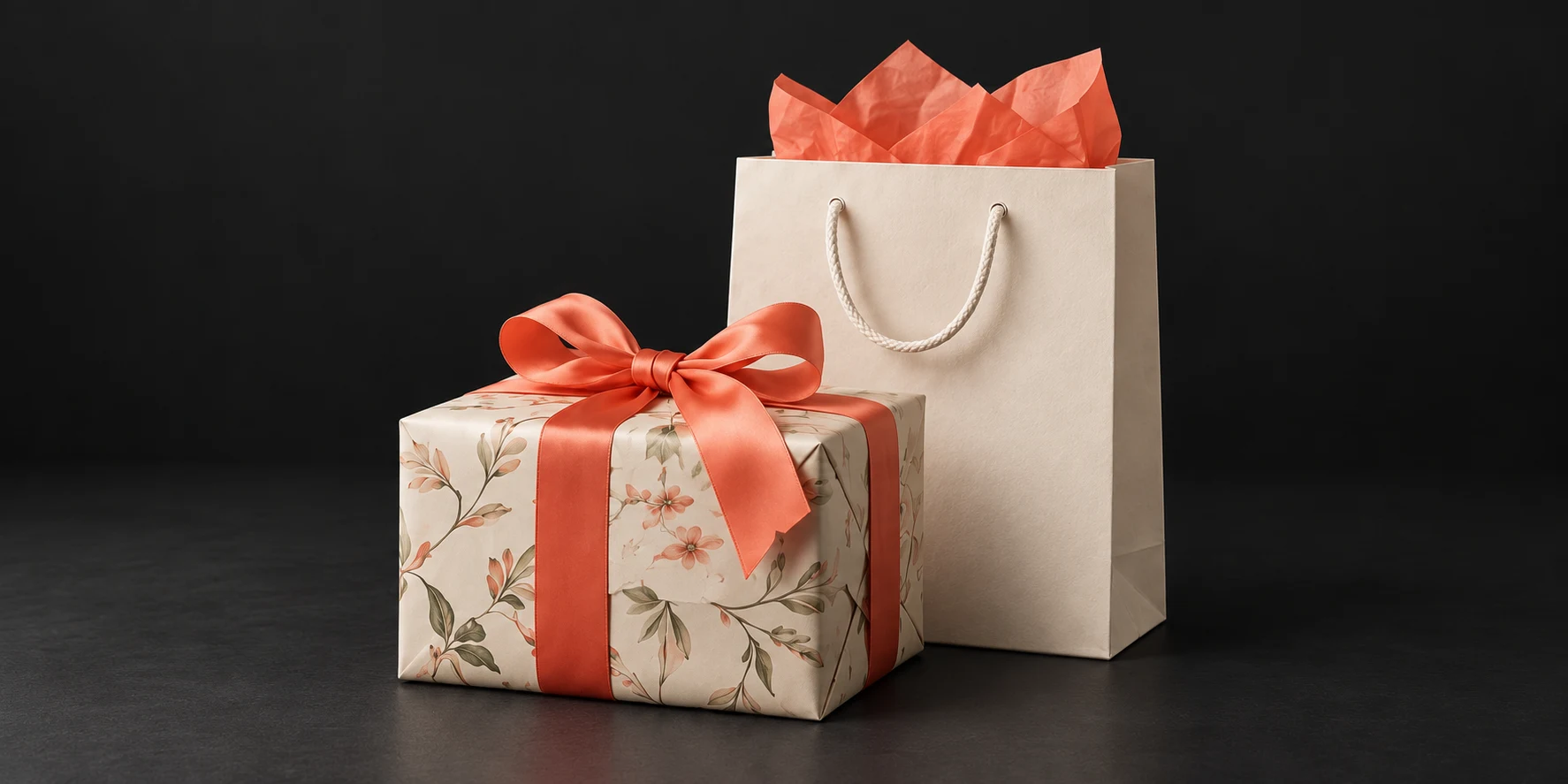 Floral wrapping with a coral ribbon beside a paper gift bag