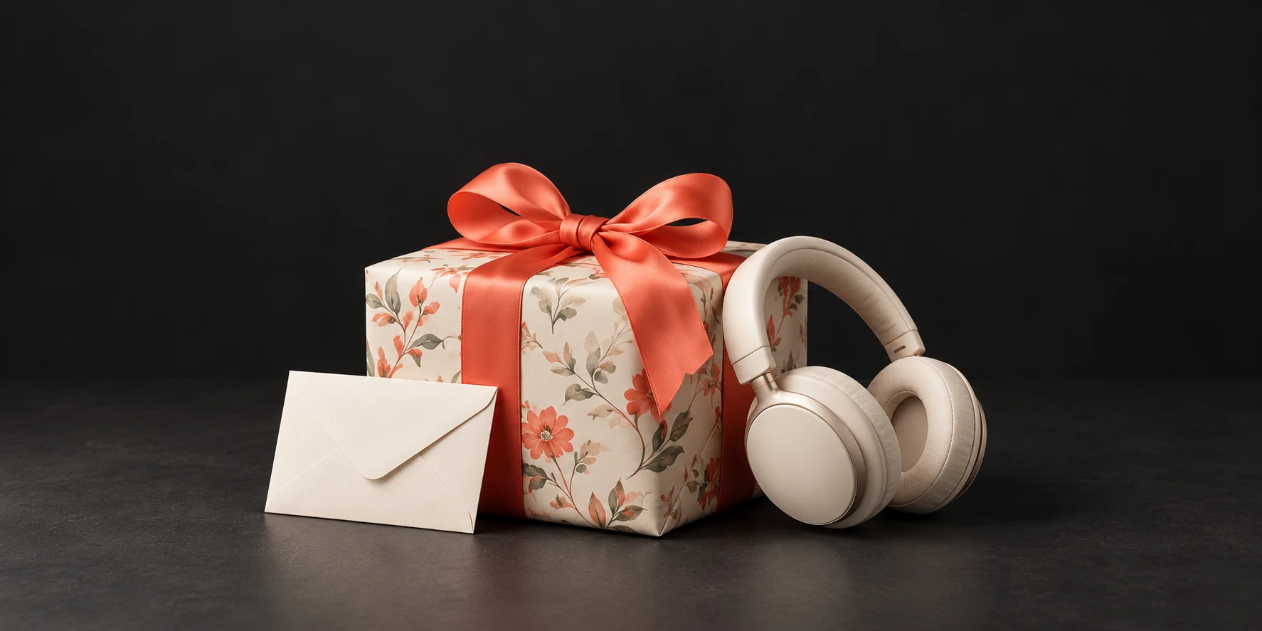 An ivory gift with coral ribbon, an envelope, and cream headphones
