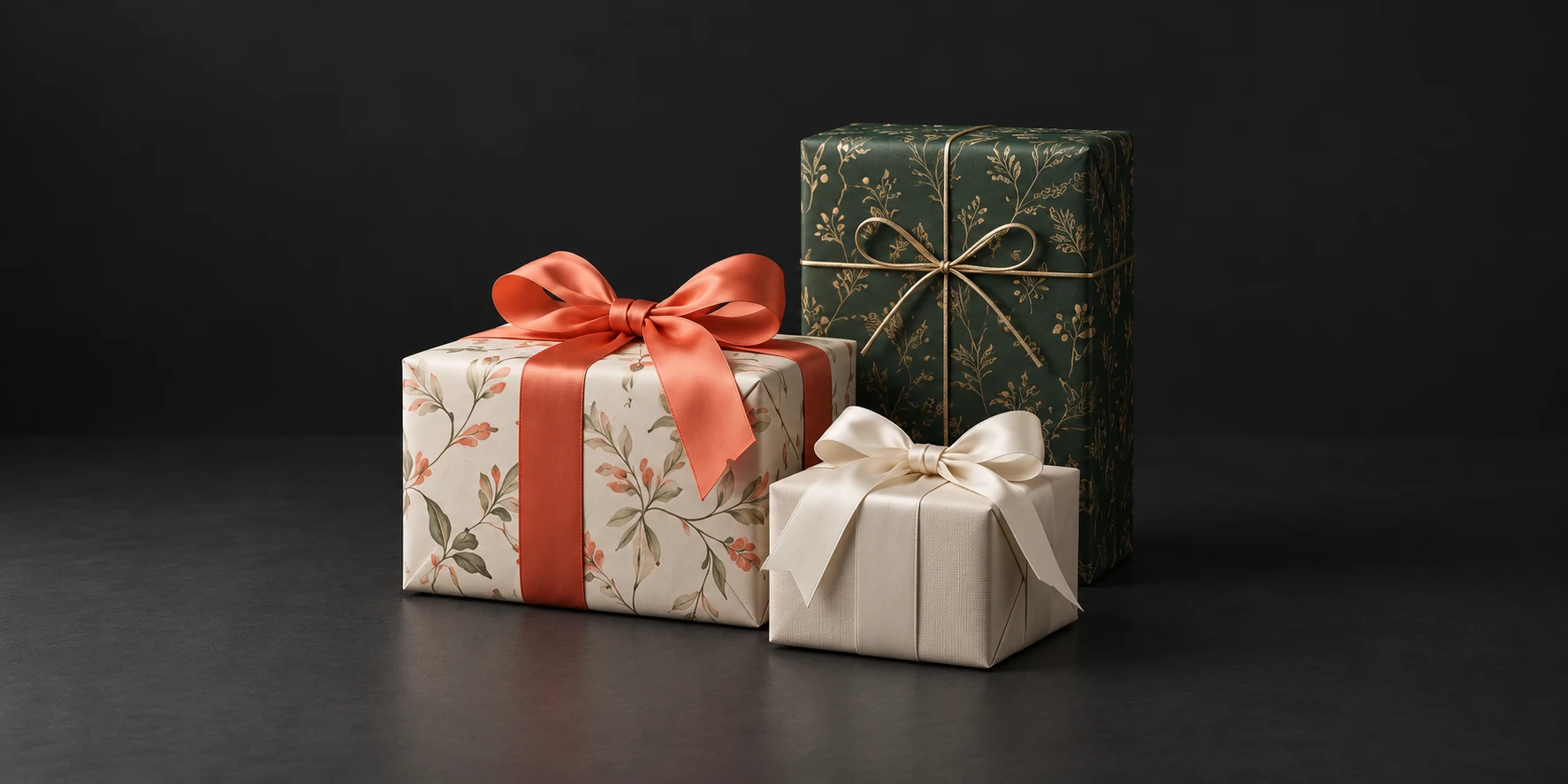 Three individually wrapped ivory, coral, and forest-green gifts