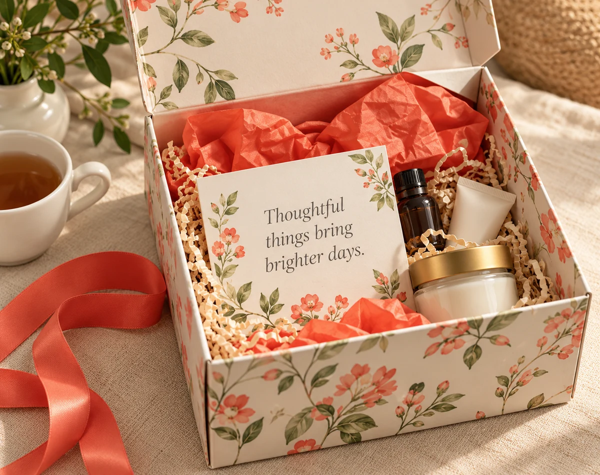 Illustrative botanical gift box with coral tissue, a candle, and a card