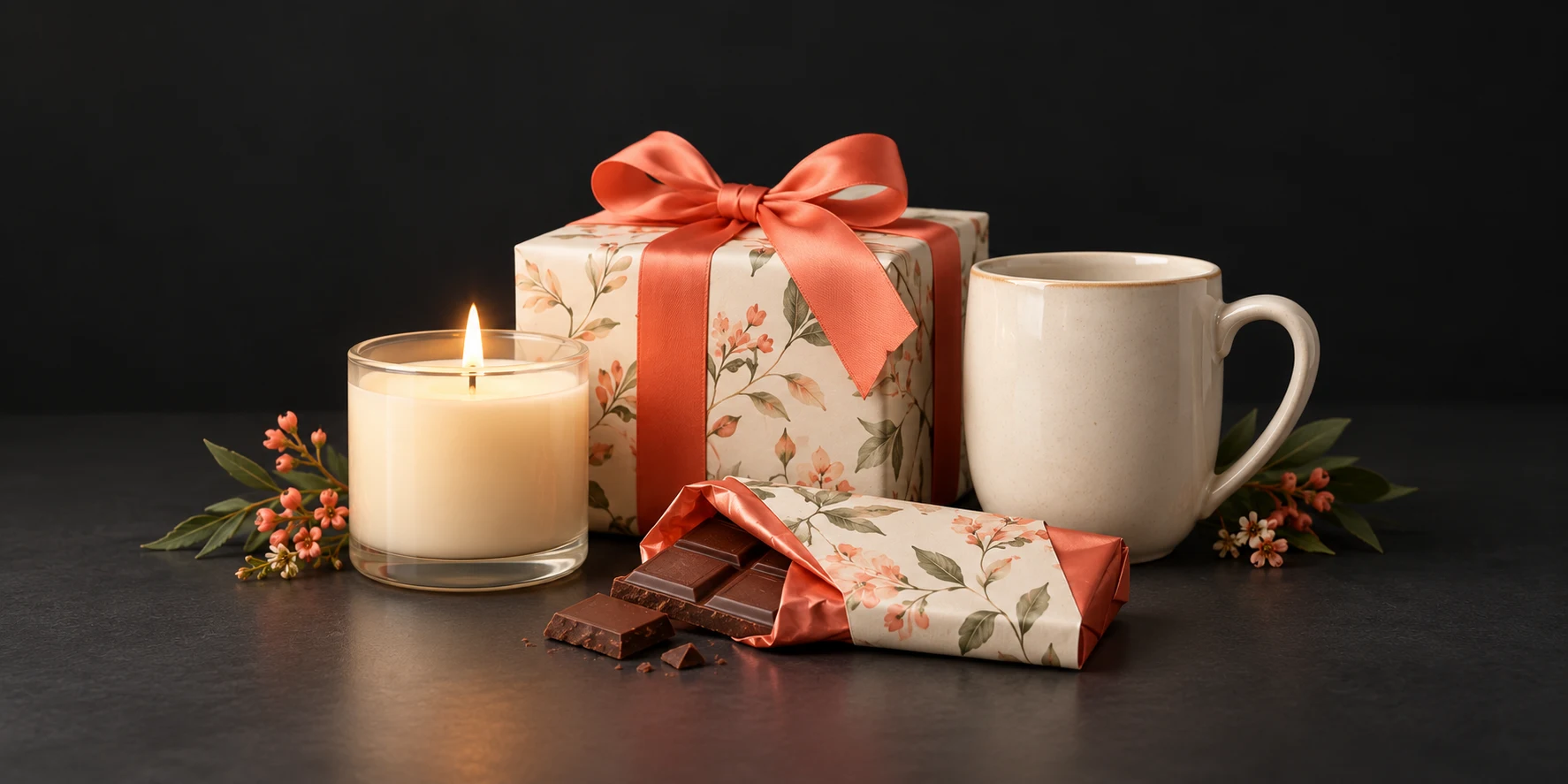 A candle, chocolates, an ivory ceramic mug, and a small wrapped gift