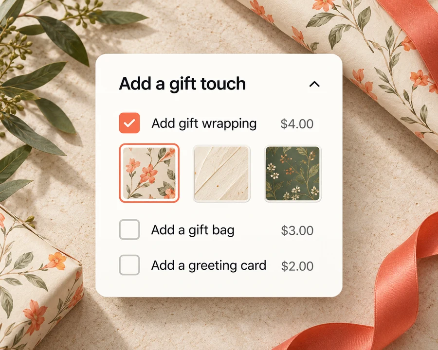 Illustrative gift selection with wrapping, bag, and card options
