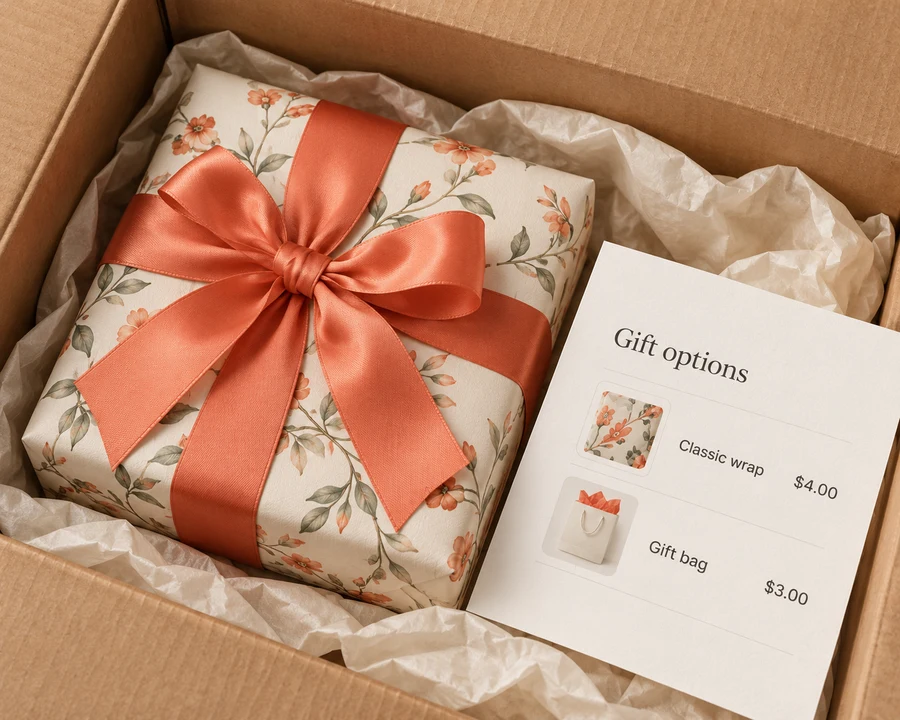 Wrapped gift being prepared in a shipping carton