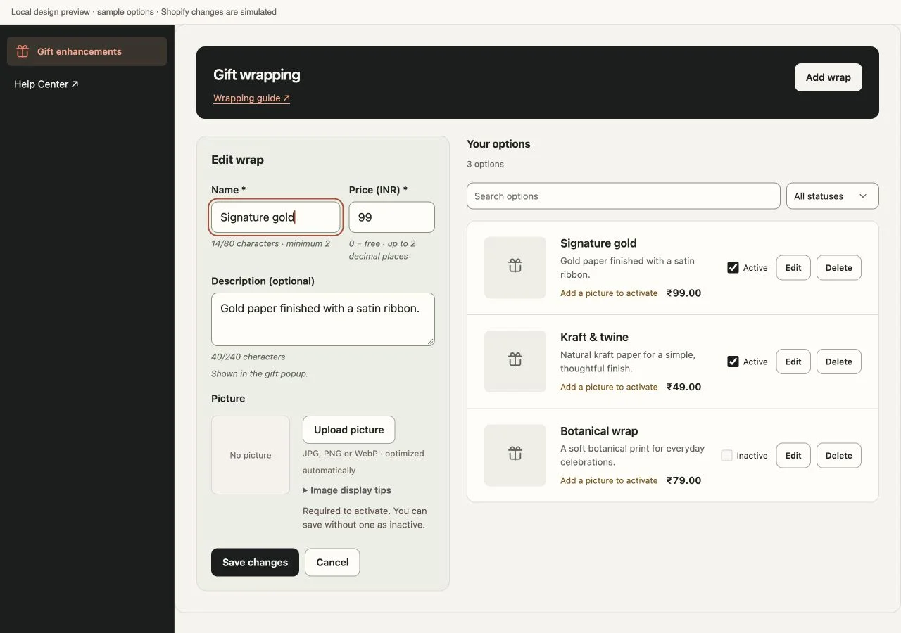 Actual PrepMyGifts catalog editor with local sample options